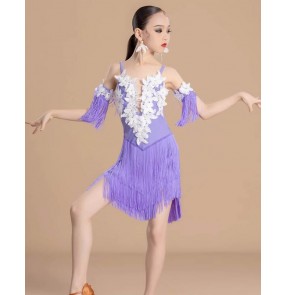 Girls kids royal blue lavencer flowers competition tassels latin dance dresses salsa rumba ballroom dance fringe outfits for Children